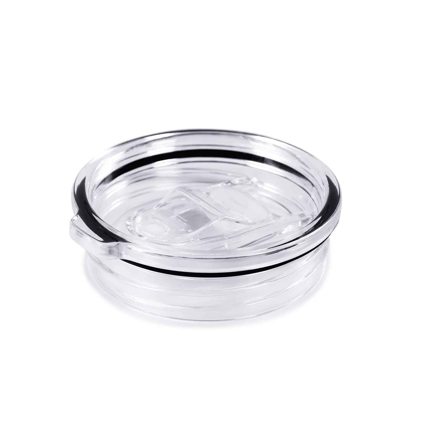 Clear tumbler with black rim on a white background