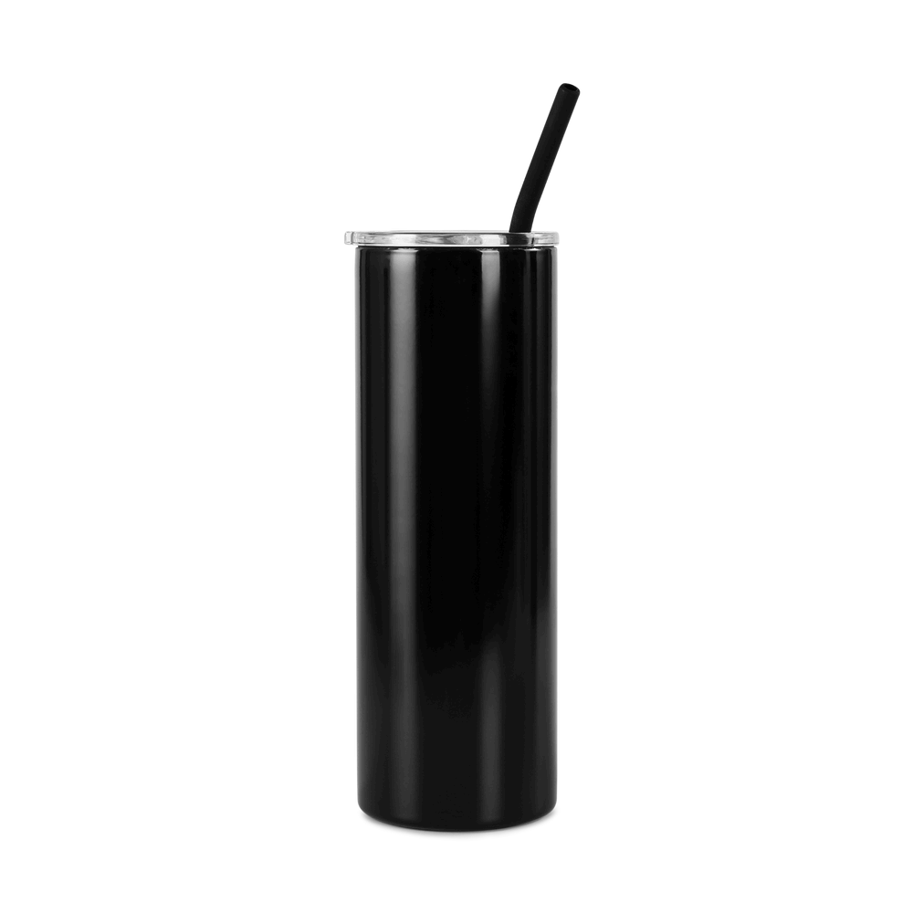 Black tumbler with a straw on a white background