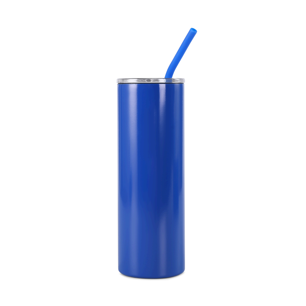 Blue tumbler with a straw on a white background