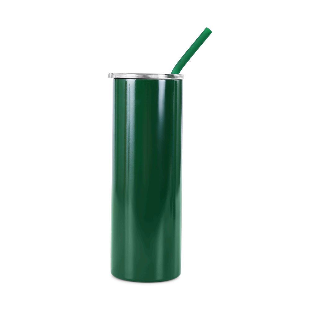 Green tumbler with a straw on a white background