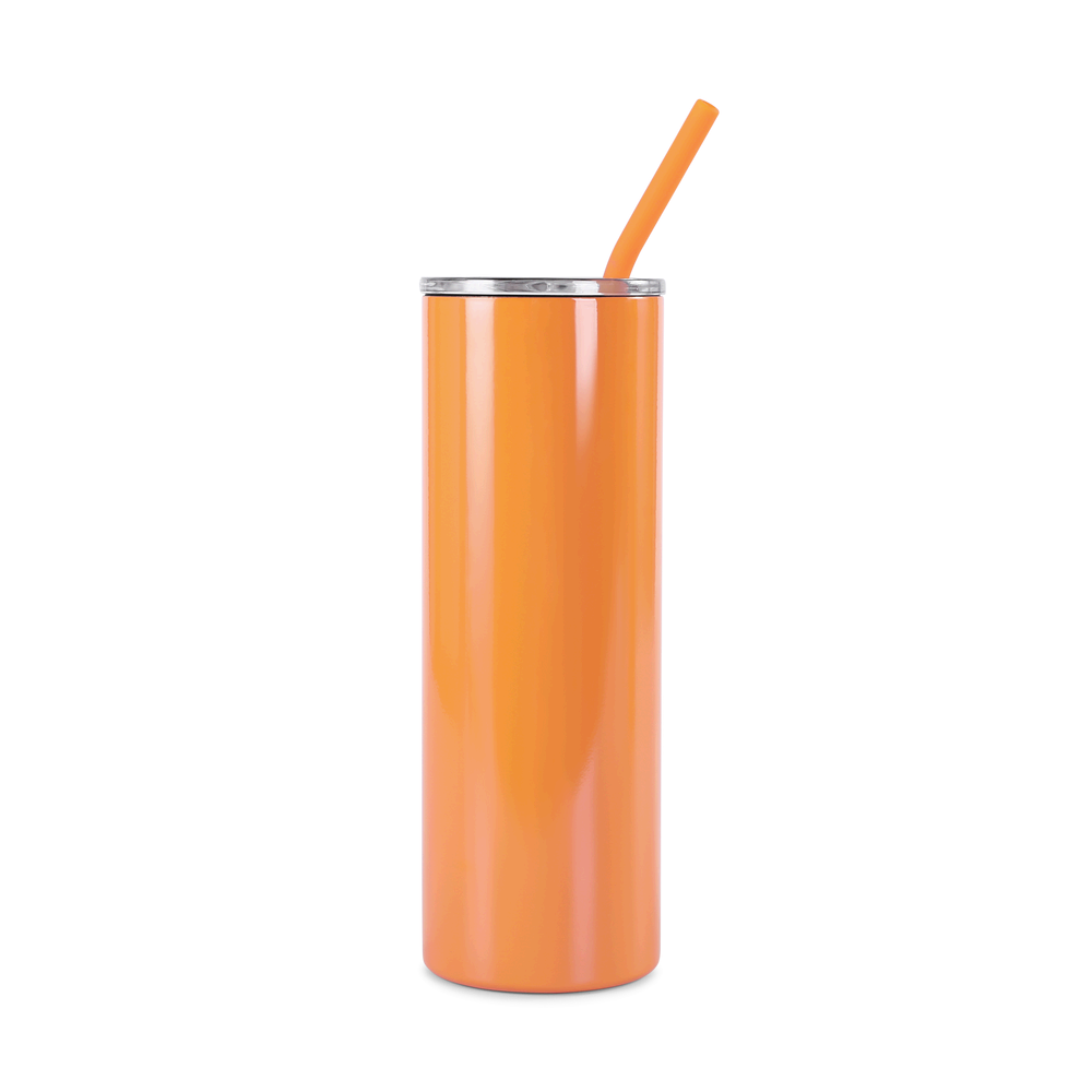 Orange tumbler with a straw on a white background