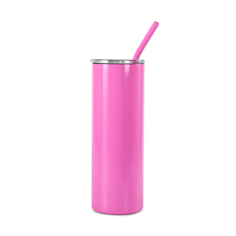 Pink tumbler with a straw on a white background