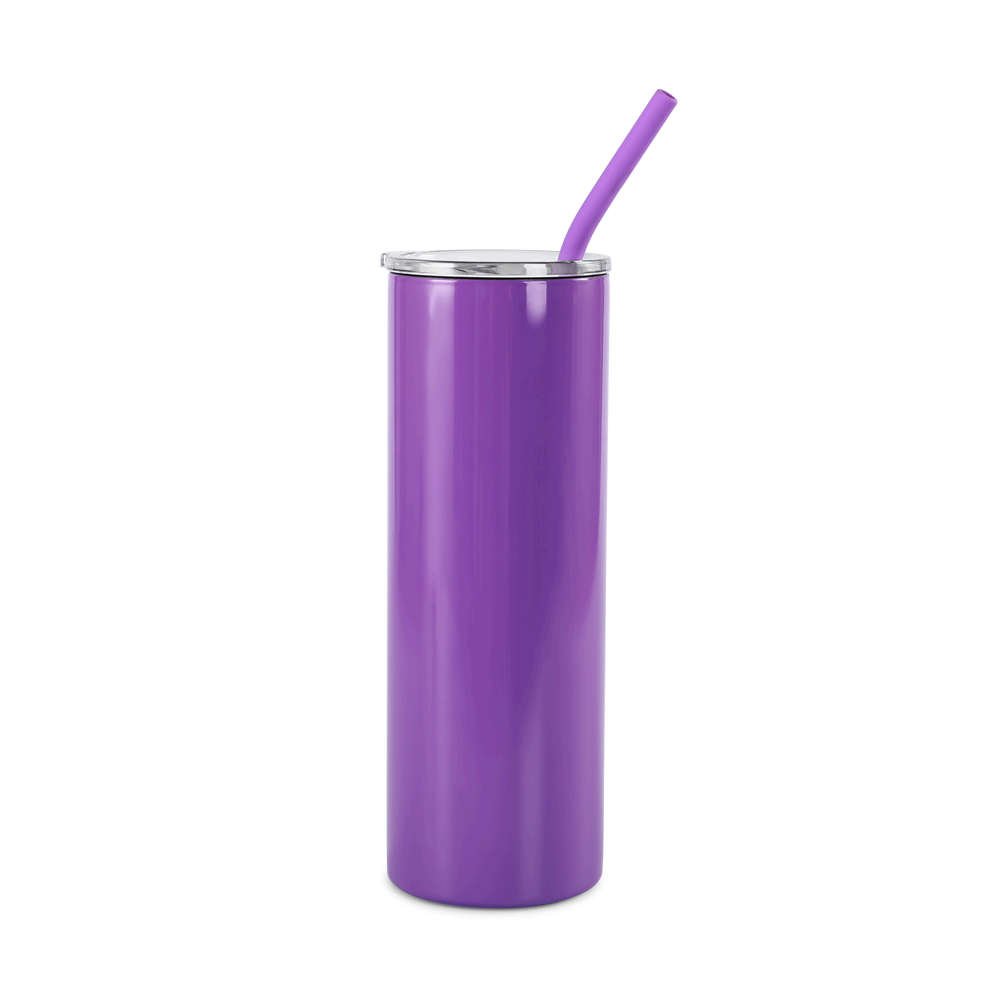 Purple tumbler with a straw on a white background