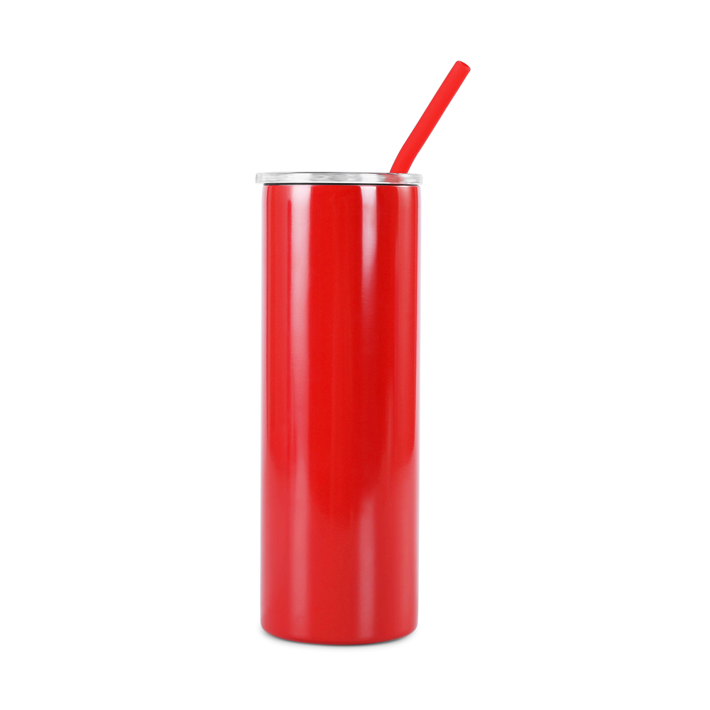 Red tumbler with a red straw on a white background