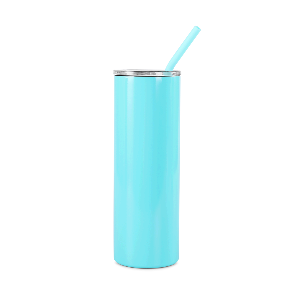 Turquoise tumbler with a straw on a white background