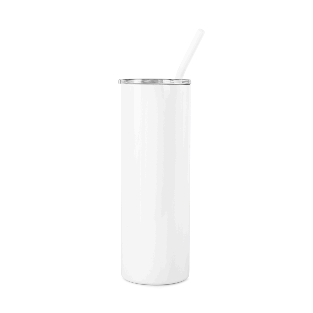 White tumbler with a straw on a white background