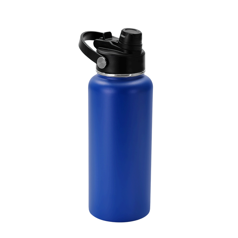 Blue water bottle with black lid on a white background