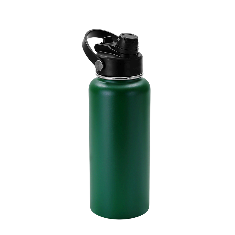 Green water bottle with black cap on a white background