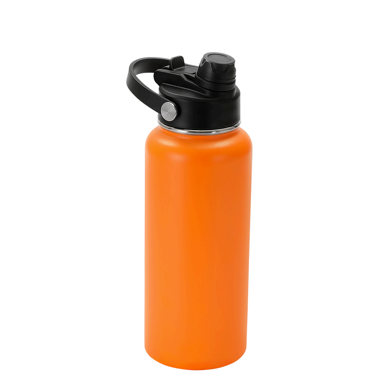 Orange water bottle with black lid on a white background