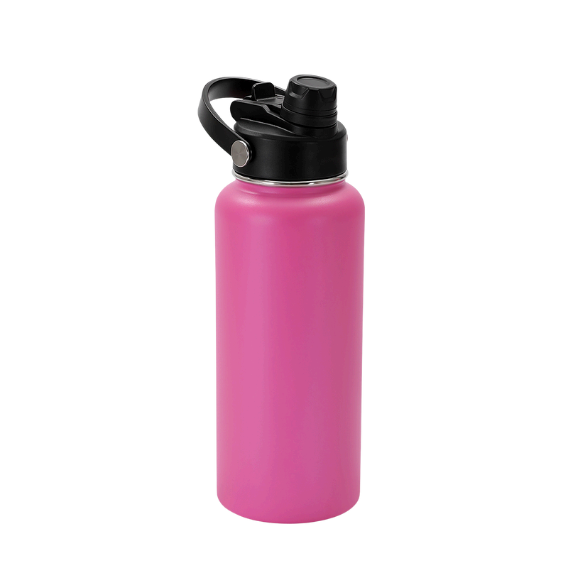 Pink water bottle with black lid on a white background
