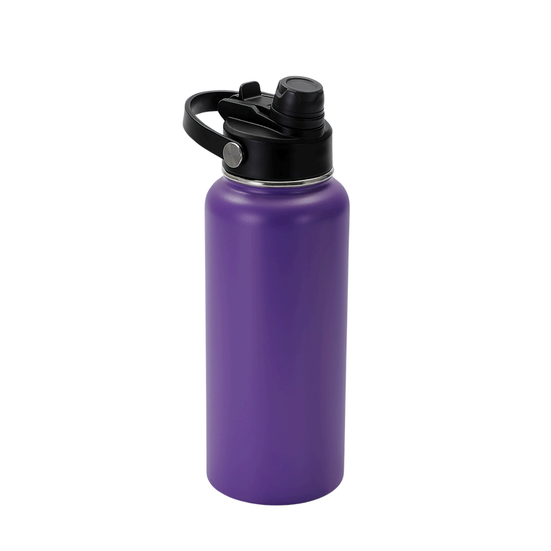 Purple water bottle with black cap on a white background