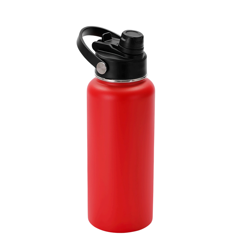 Red water bottle with a black cap on a white background