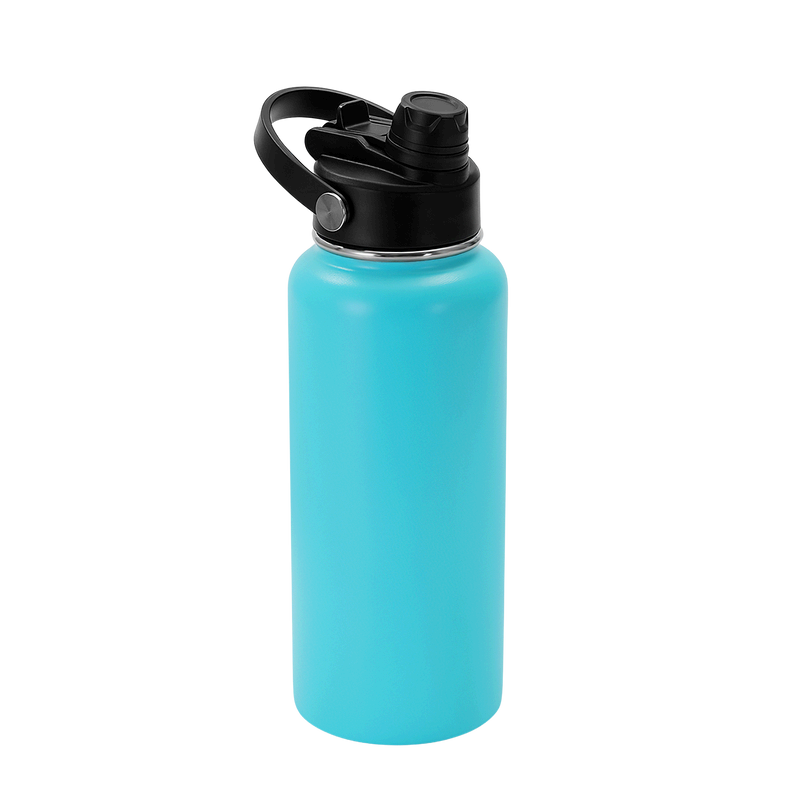 Turquoise water bottle with a black cap on a white background