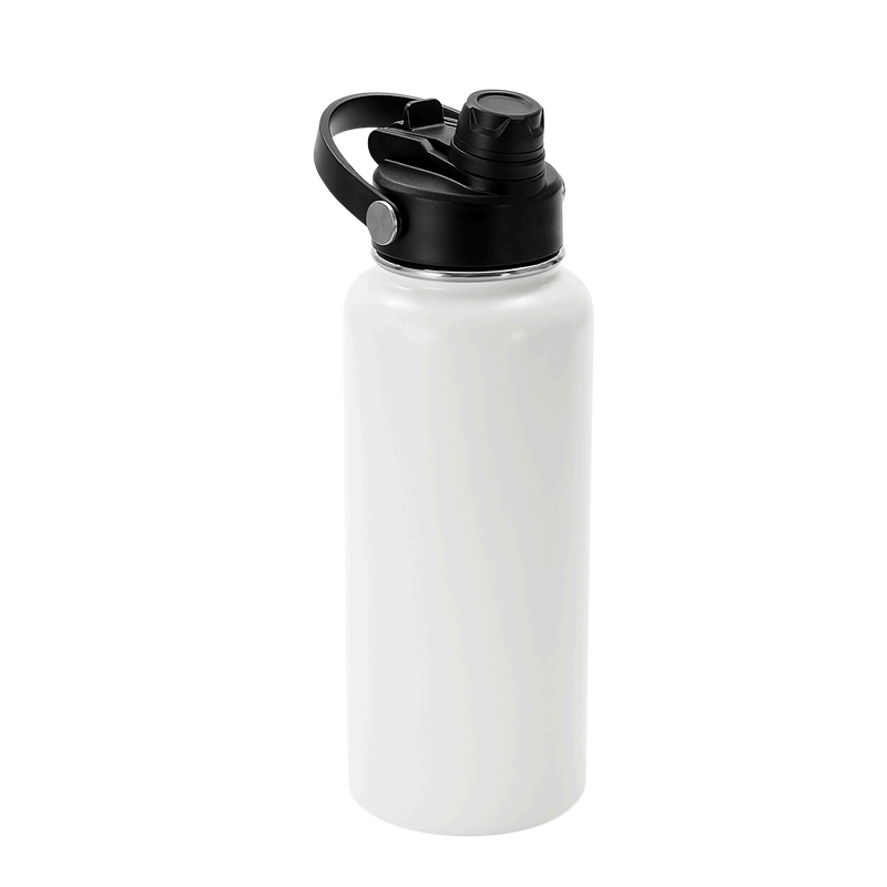 White water bottle with a black lid on a white background