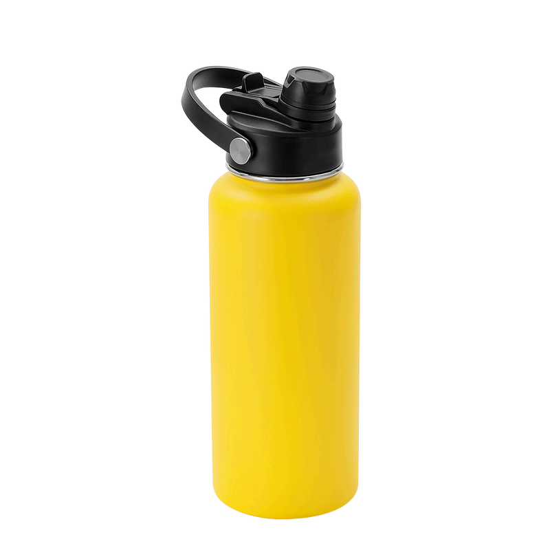 Yellow water bottle with black cap on a white background