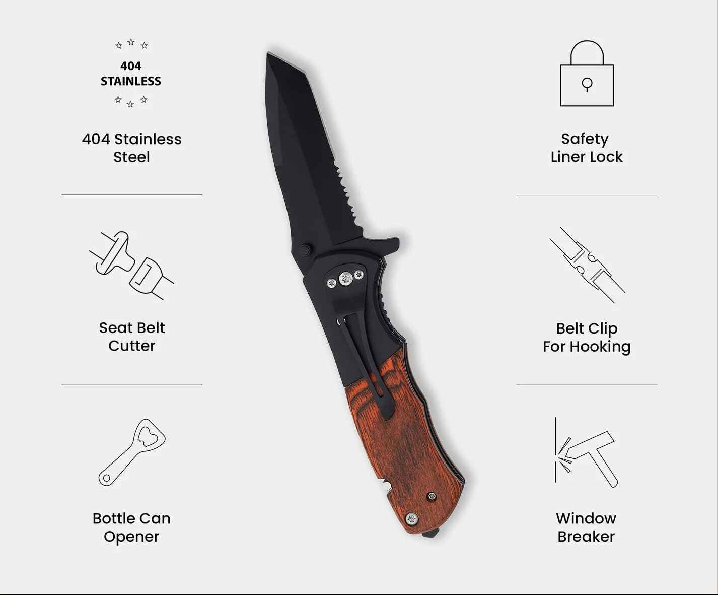 Folding knife with wooden handle on a white background, featuring Makerlo Crafts branding.