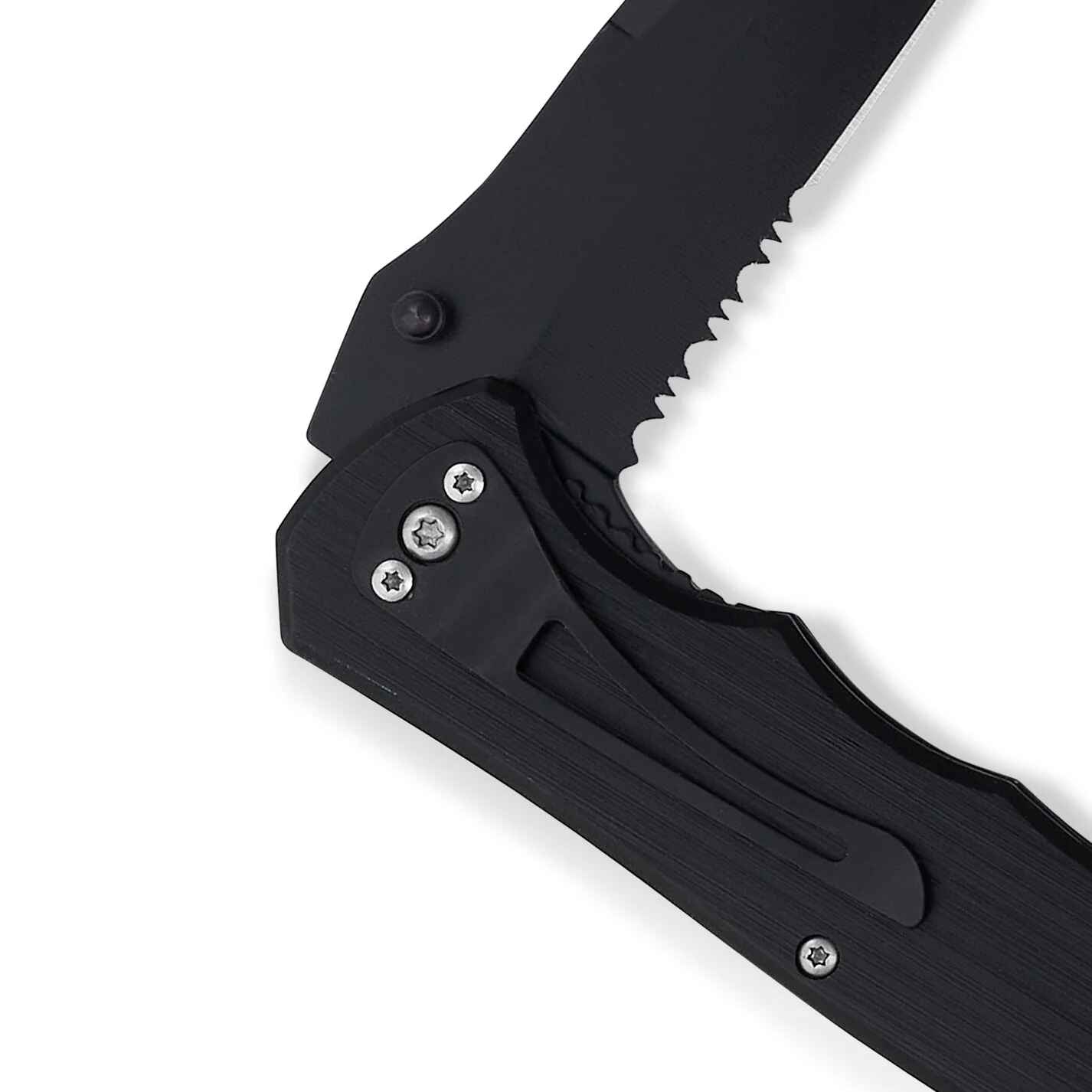 Black folding knife with serrated blade on a white background