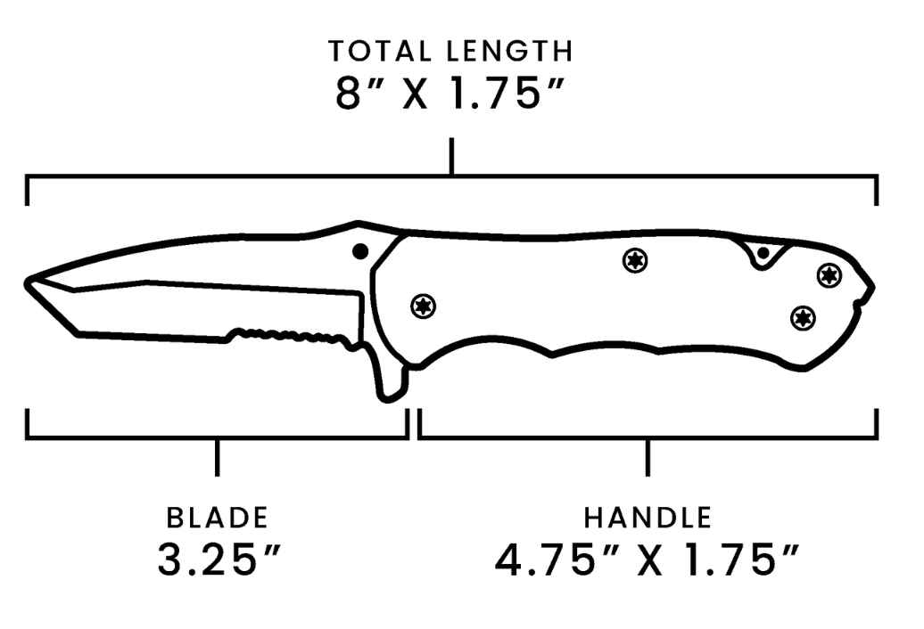 Diagram of a knife with labeled blade and handle dimensions