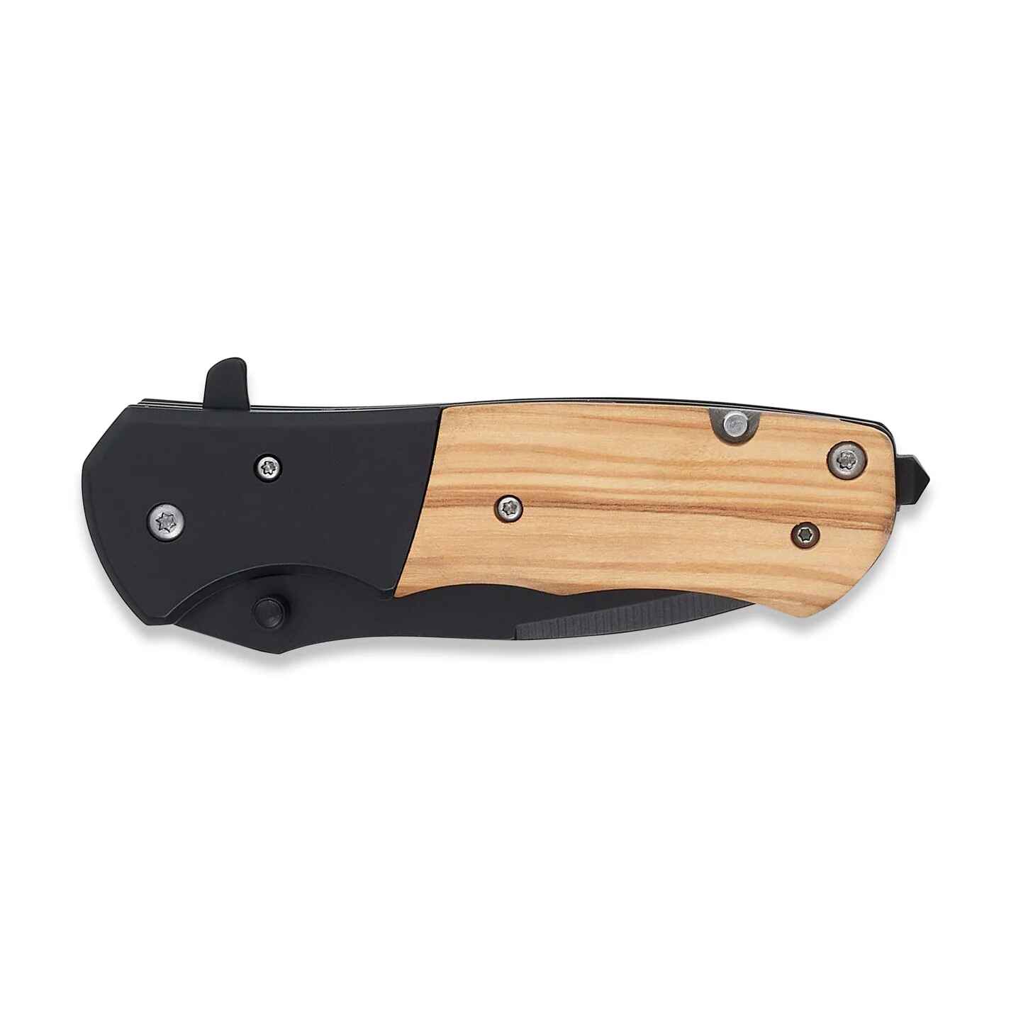 Folding knife with black and wooden handle on a white background