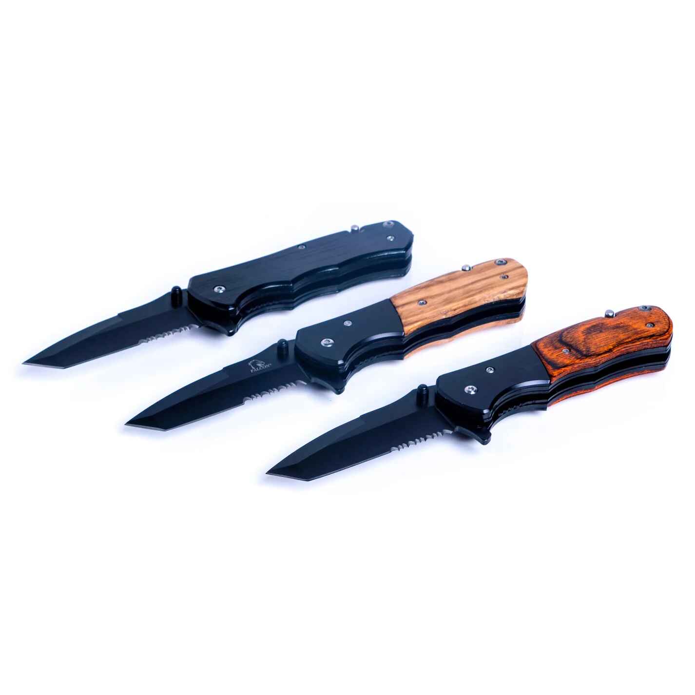 Three folding knives with black blades and wooden handles on a white background