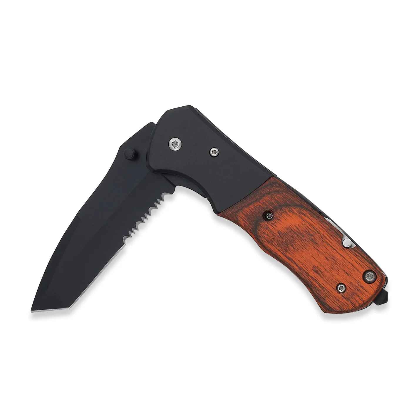Folding knife with black blade and wooden handle on a white background