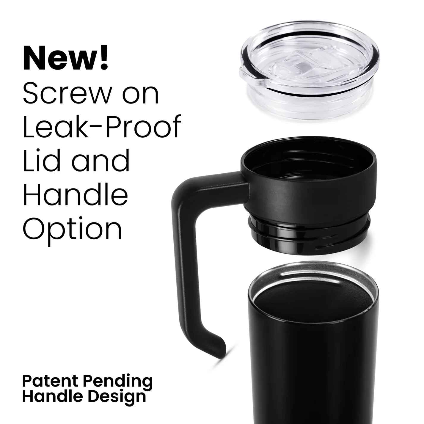 Black travel mug with screw-on leak-proof lid and handle option on a white background