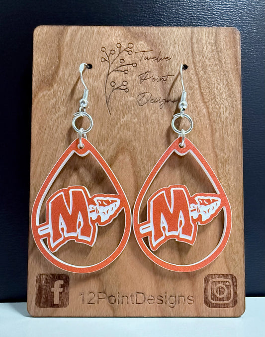 MCHS orange and white earring on card