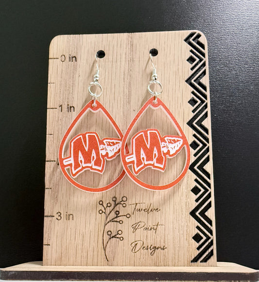MCHS orange and white earring with ruler