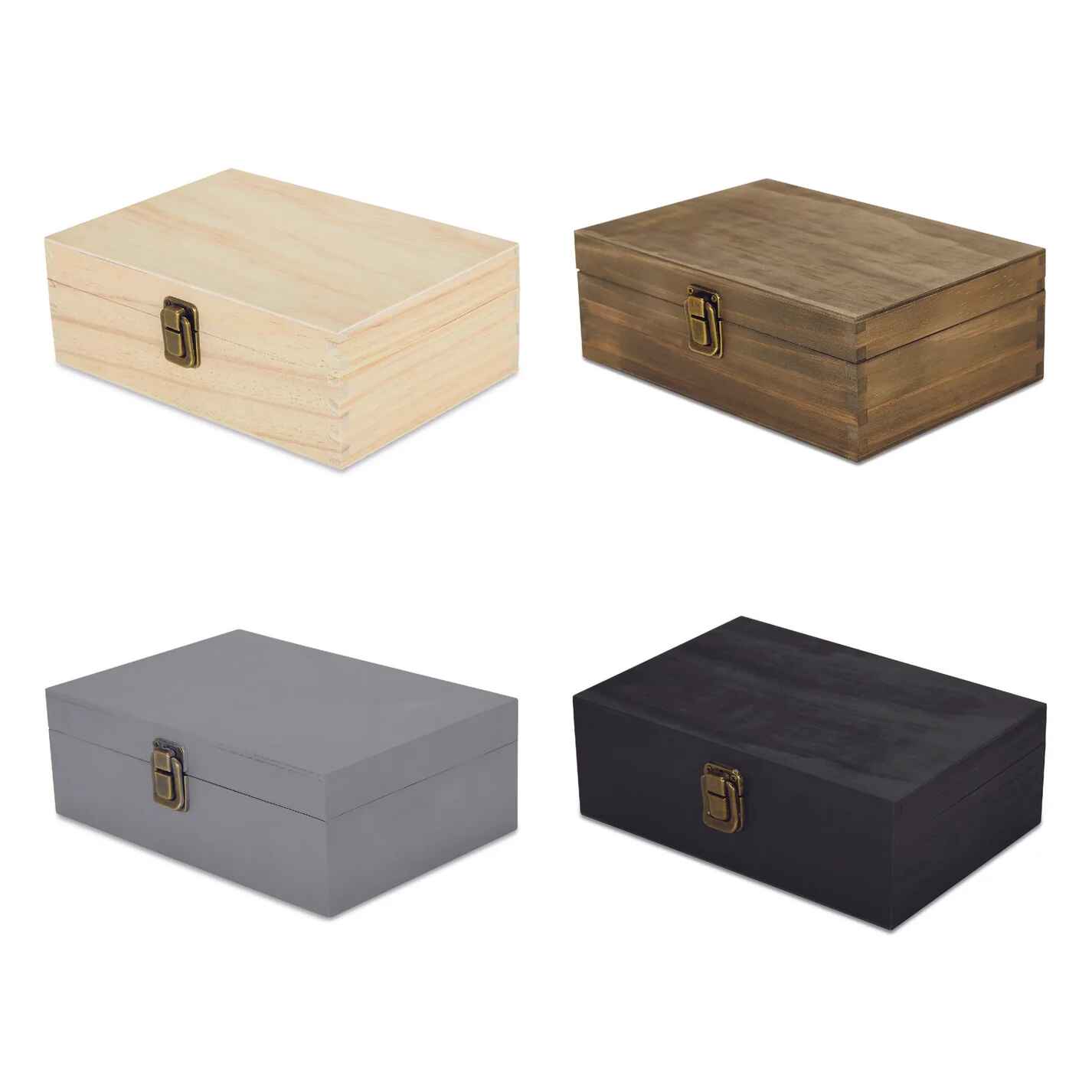 Four wooden boxes in different colors on a white background