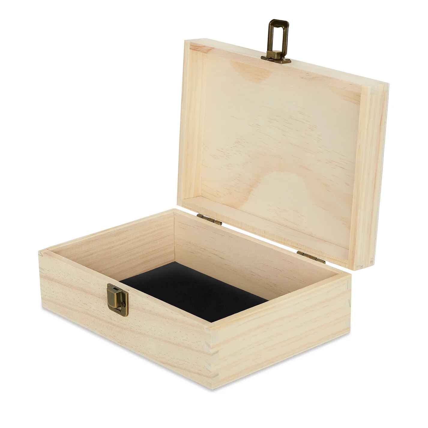 Wooden jewelry box with a black interior on a white background