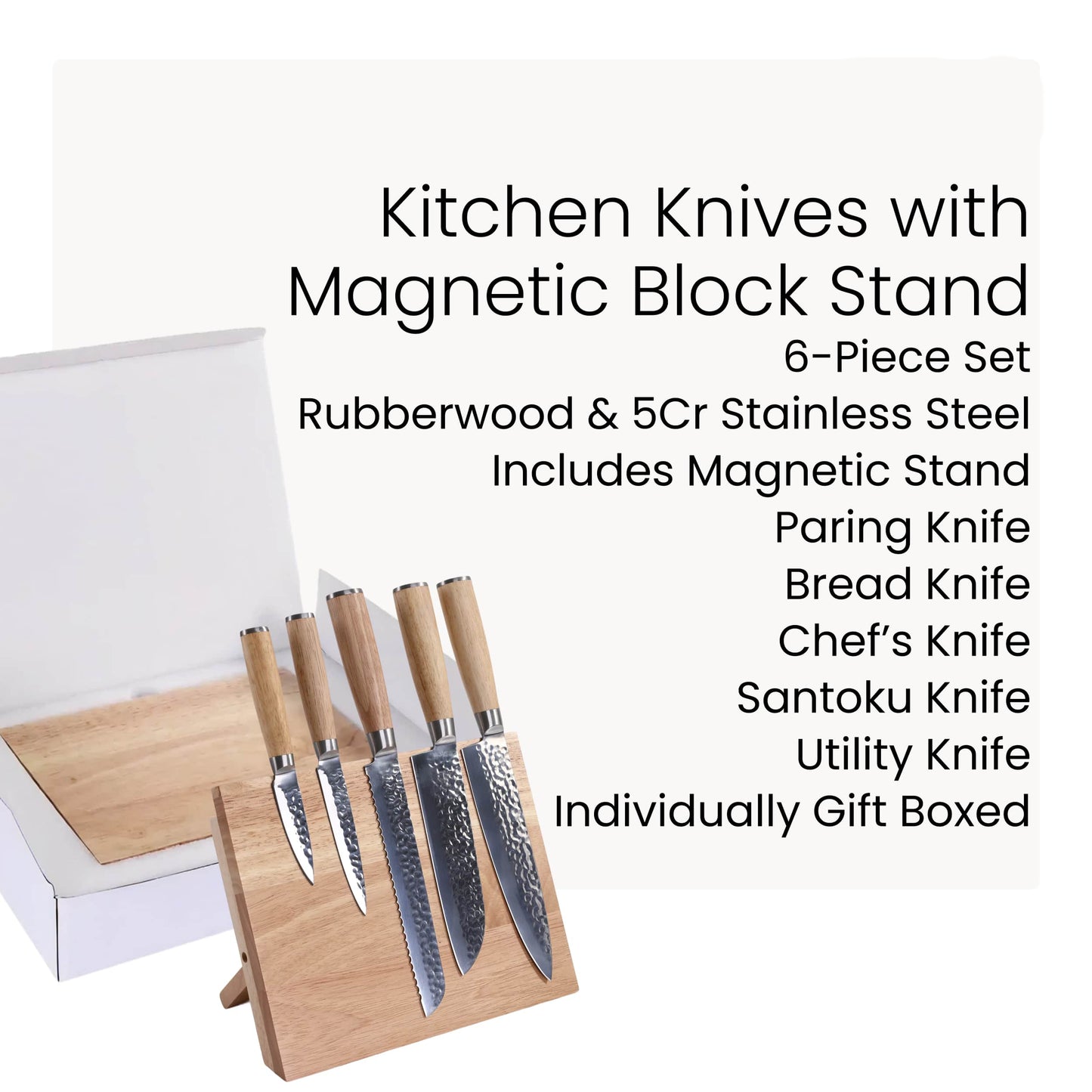 6-Piece Kitchen Knife Set with Magnetic Rubberwood Block Stand
