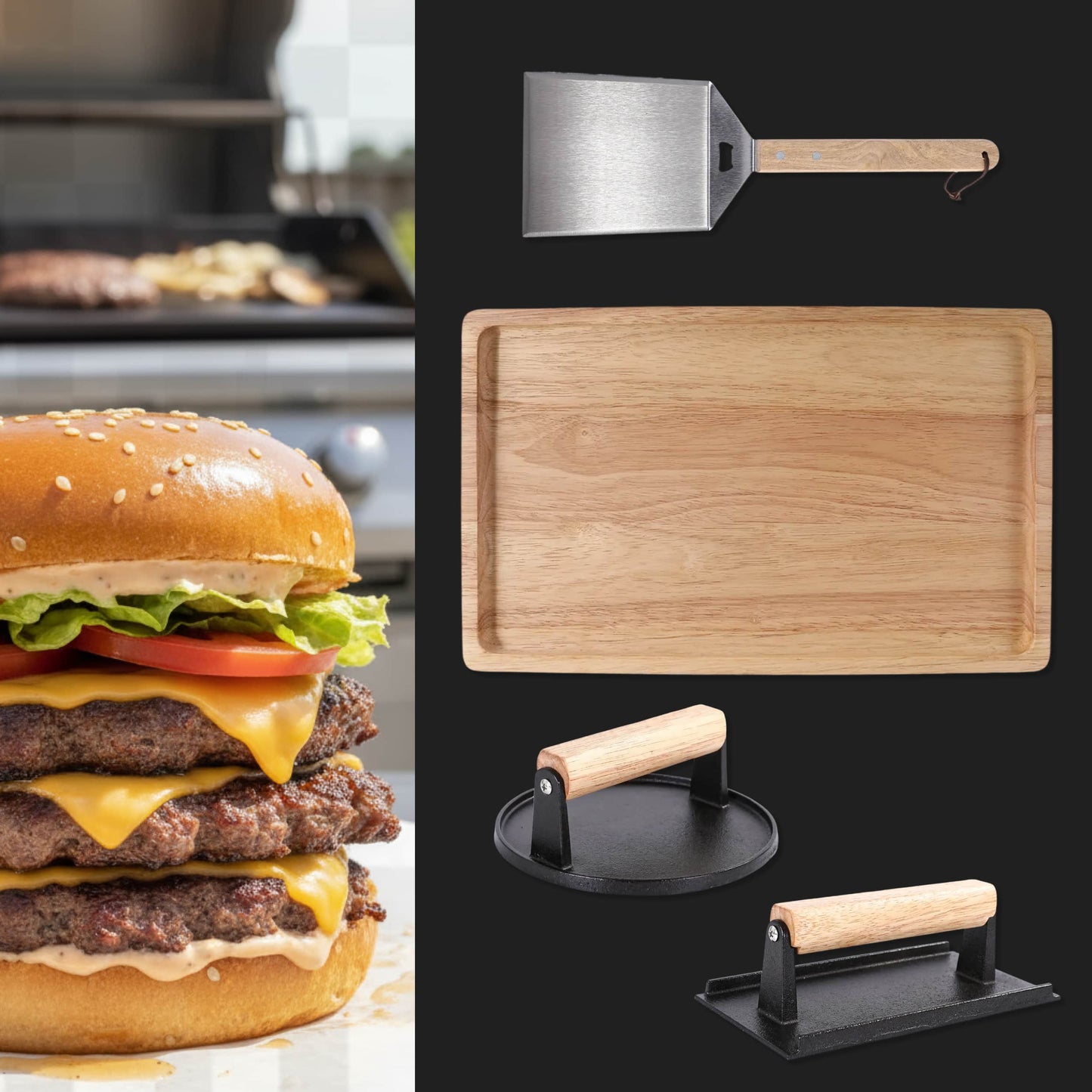 Smash Burger Set — 9-Piece Cast Iron & Rubberwood Kit