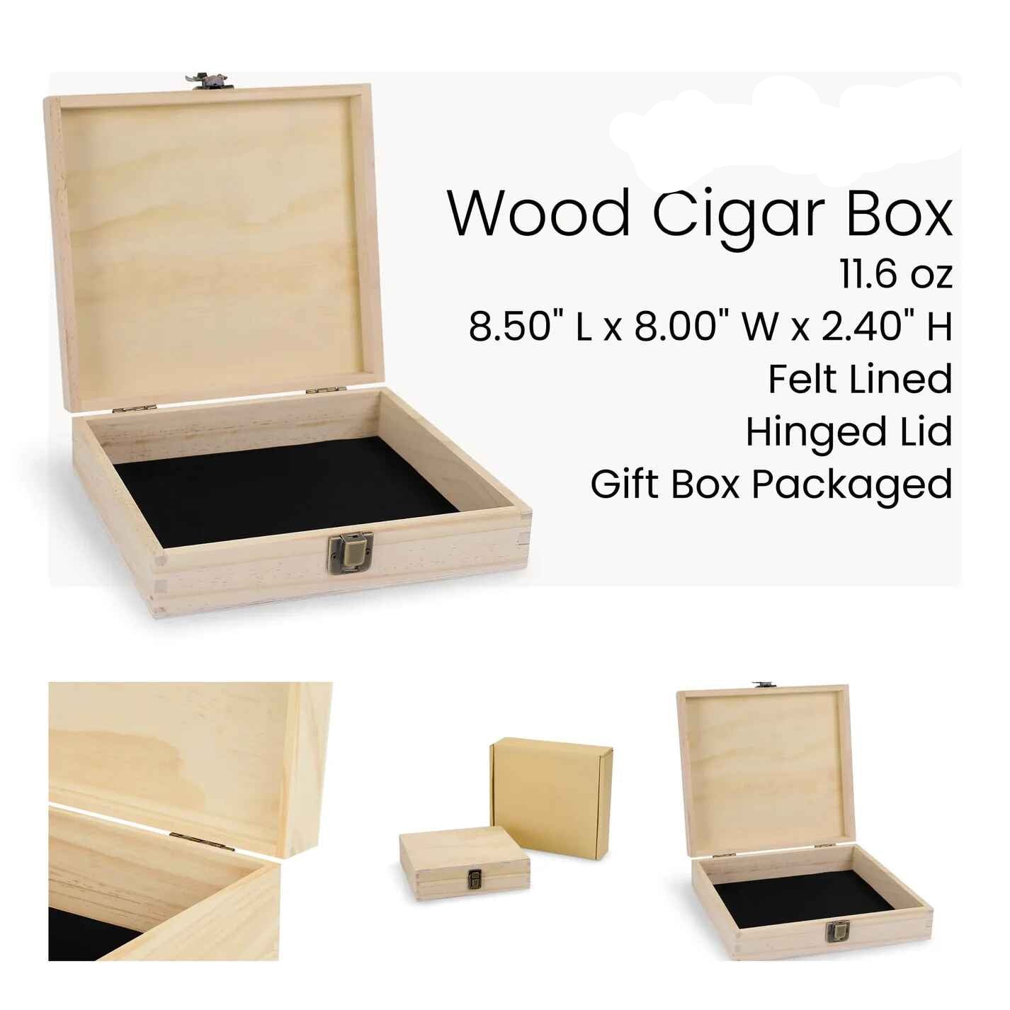 Wooden cigar box with hinged lid, felt lining, and dimensions displayed.