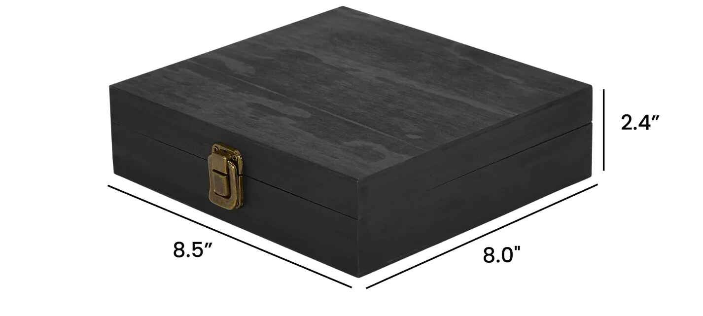 Black wooden box with dimensions labeled on a white background