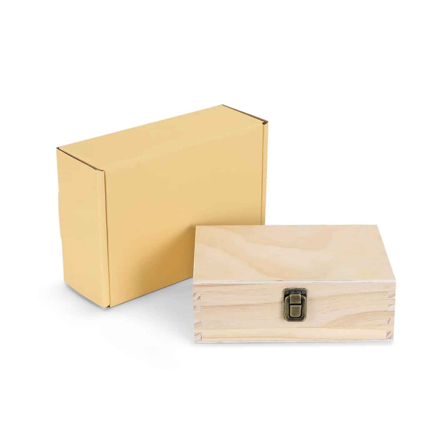 Gold and wooden jewelry box set on a white background