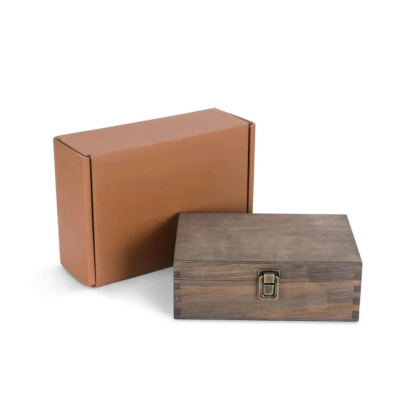 Brown cardboard box and wooden box with a latch on a white background
