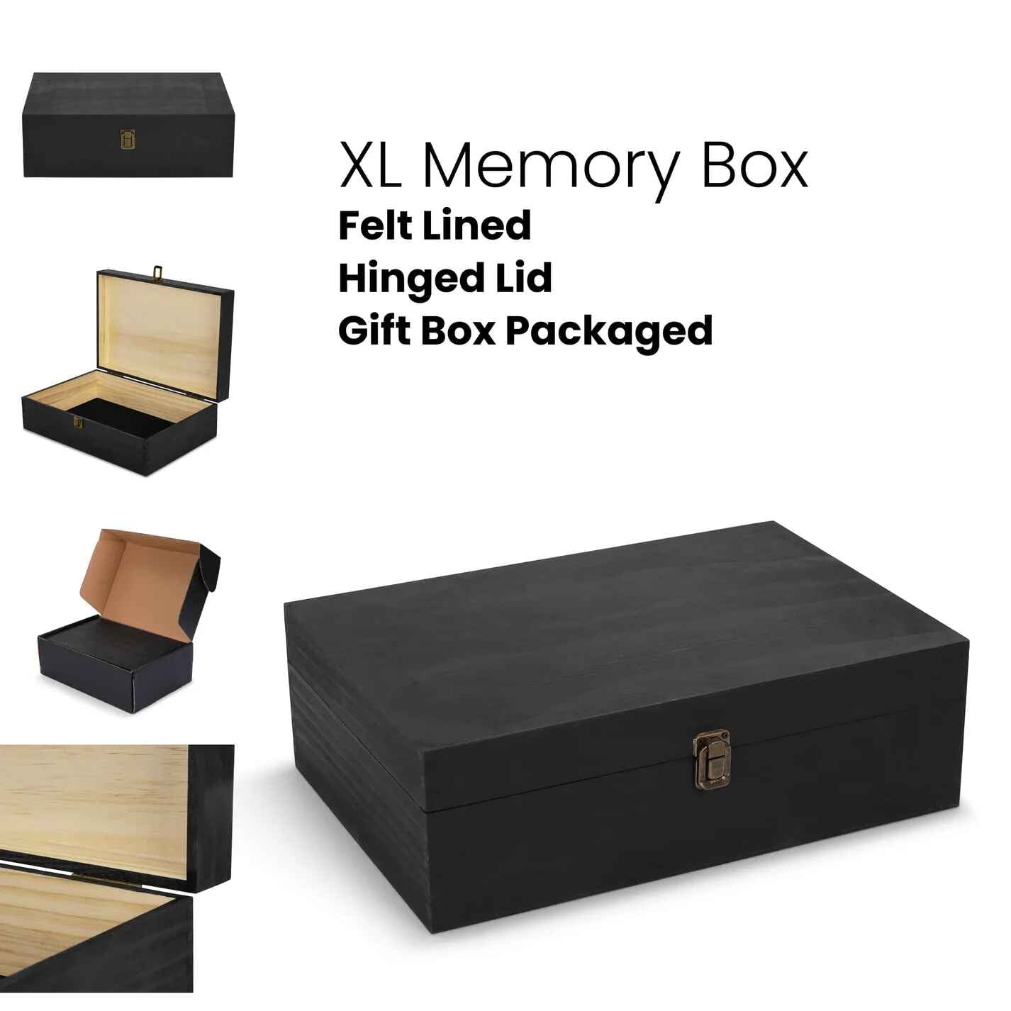Black XL Memory Box with felt lining, hinged lid, and gift box packaging on a white background.