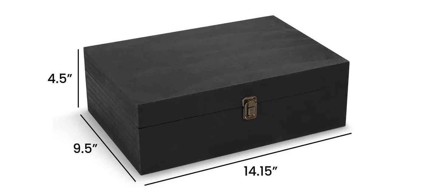 Black wooden box with dimensions labeled on a white background