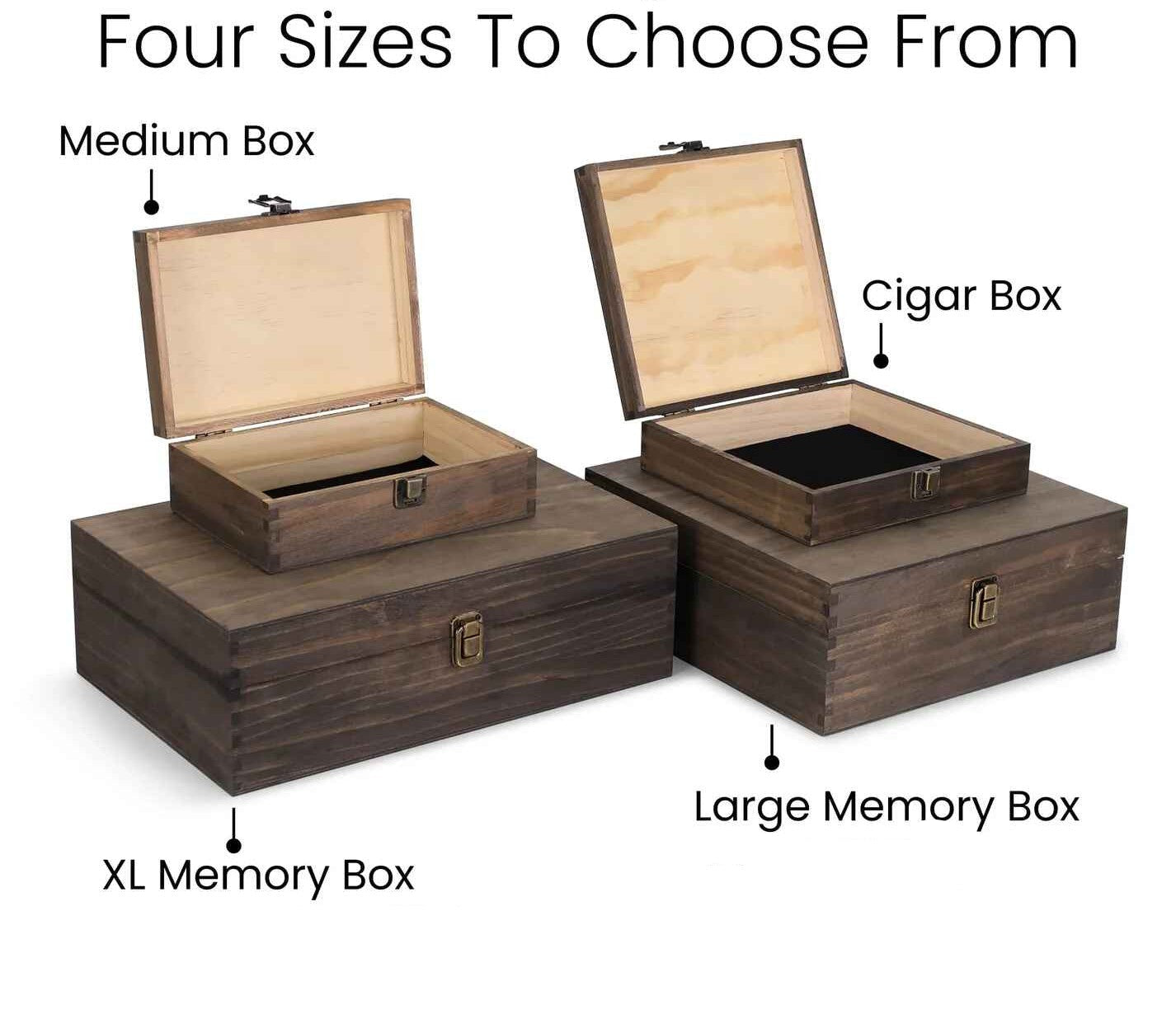 Wooden storage boxes in different sizes with text indicating their uses.