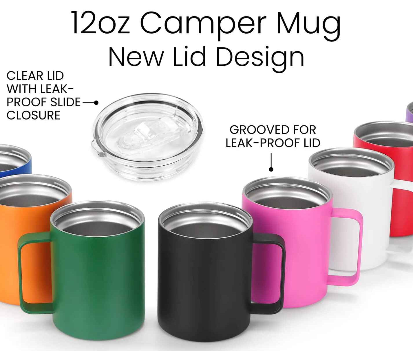 12oz Camper Mug with various colors and a clear lid on a white background, featuring Makerflo branding.