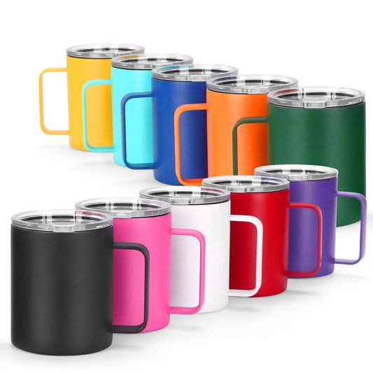 Set of colorful insulated mugs with handles on a white background