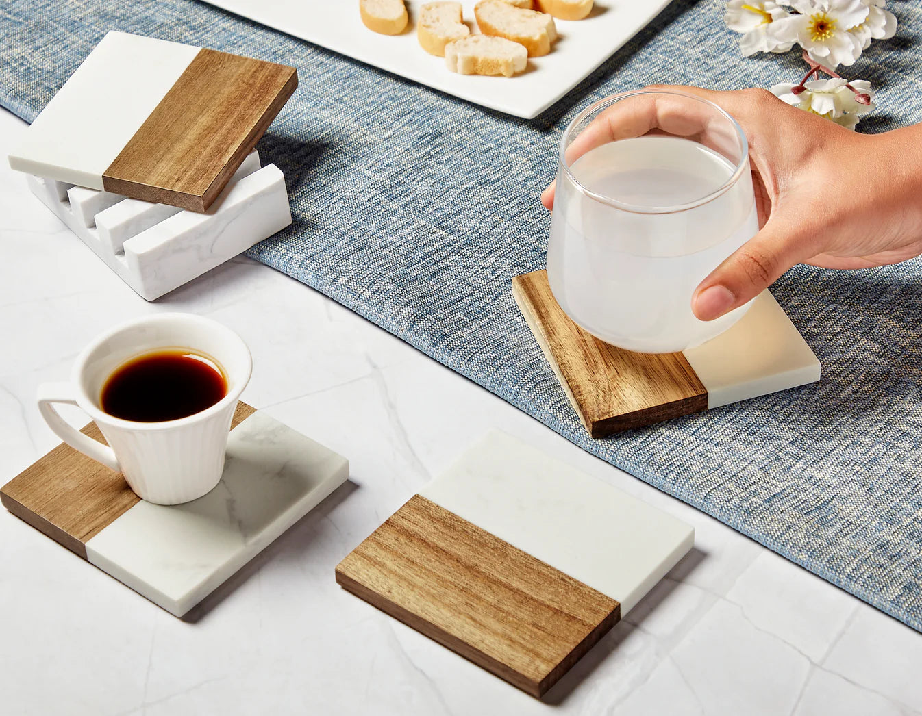 Marble and Wood Coaster Set of 4
